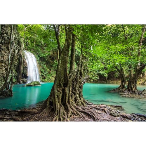 Waterfall Aquarium Background Tropical Rainforest Natural Landscape Terrarium Background Big Tree and Emerald Lake Stream Fish Tank Background Tropical Style Reptile Habitat Background 24x12in - color: Light Turquoise, size: 24(W)x12(H)in