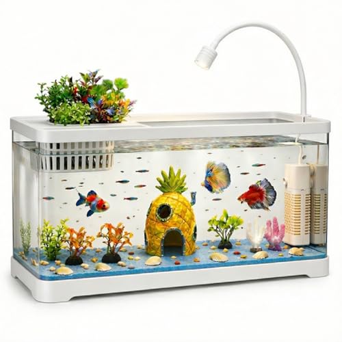 5 Gallon Fish Tank Aquarium Starter Kit with Filter and Light, All in One Small Fish Tank for Betta, Kids & Desktop Use, Self Cleaning Nano Aquarium with Lid(Large White) - color: White, size: Large