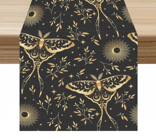 Moth Table Runner Gold Moon Moth Stars Black Pattern Decor for Indoor Outdoor Wedding Party Dinner Festival Farmhouse Holiday Home Kitchen Dining Room, 13x36in - color: Moth-brown, size: 13x36in