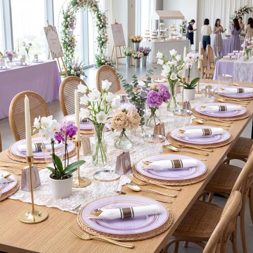 WDF Partyware 175PCS Purple Plates Disposable - Lavender Plastic Plates 25Guests Plastic Dinnerware with Rolled Napkins for Birthday/Spring/Baby Shower/Birthday - color: Purple, size: 175PCS