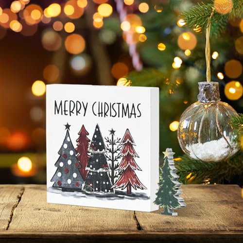 Smile 2Pcs Christmas Tree Decor Merry Christmas Square Wooden Sign | 5 x 5 Inches, Desk Table Shelf Office, Farm Decoration Kitchen - style: Christmas Trees