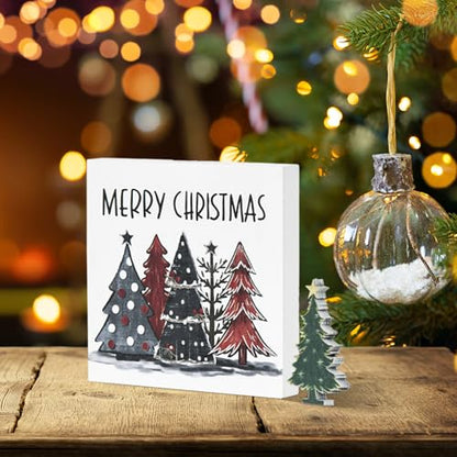 Smile 2Pcs Christmas Tree Decor Merry Christmas Square Wooden Sign | 5 x 5 Inches, Desk Table Shelf Office, Farm Decoration Kitchen - style: Christmas Trees