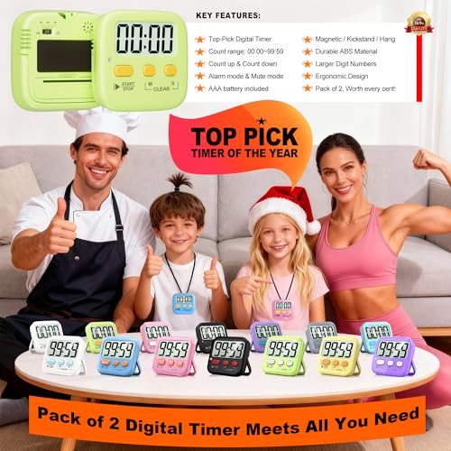 2 Pack Digital Timer for Kids Classroom Kitchen Timers for Cooking | w/ Battery, Easy to View, Alarm, Mute Mode, Count Down/Up, Magnetic, Kickstand, Hanging, Classroom Timer for Teacher Supplies - color: Light Green