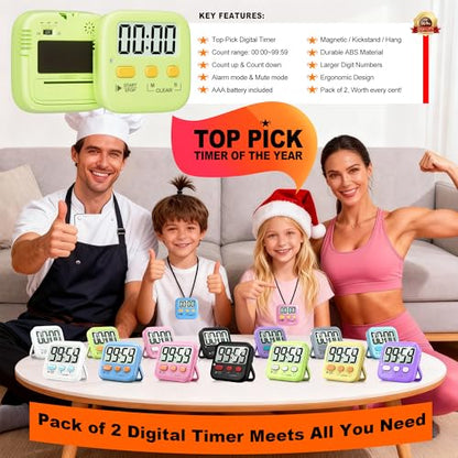 2 Pack Digital Timer for Kids Classroom Kitchen Timers for Cooking | w/ Battery, Easy to View, Alarm, Mute Mode, Count Down/Up, Magnetic, Kickstand, Hanging, Classroom Timer for Teacher Supplies - color: Light Green