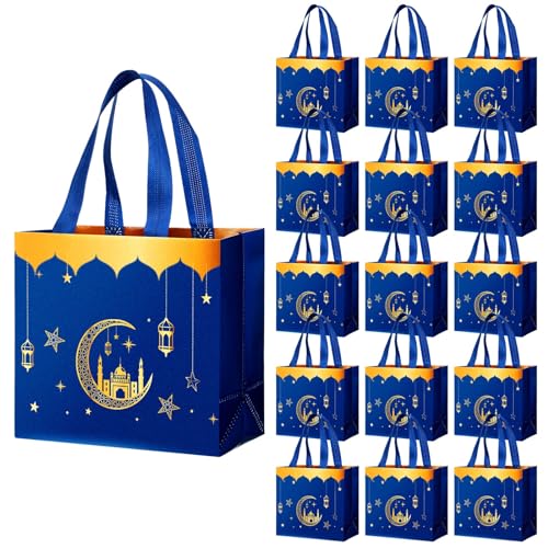 Resurhang 16 Pcs Eid Al Adha Party Reusable Gift Bags with Handles, Muslim Treat Non Woven Ramadan Goodie Bags for Eid Al Adha Muslim Party Supplies(Blue)