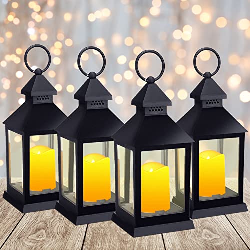 4 Pcs Lanterns Decorative 11.4 Inch Ramadan Eid Vintage Tall Lanterns Hanging with Flashing LED Pillar Candles Battery Operated Candles Waterproof for Ramadan Wedding Outdoor Decor