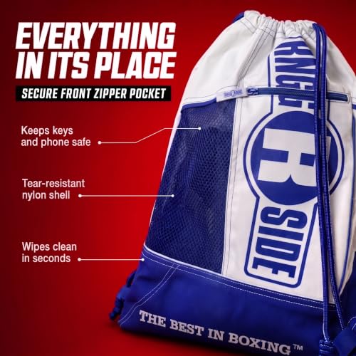 Ringside Boxing Glove Cinch Sack - Lightweight Gym Bag, Blue/White | Durable 15"x19" nylon drawstring bag with a zippered front pocket. Perfect for boxing gloves, shoes, and MMA workout gear - color: Blue/White