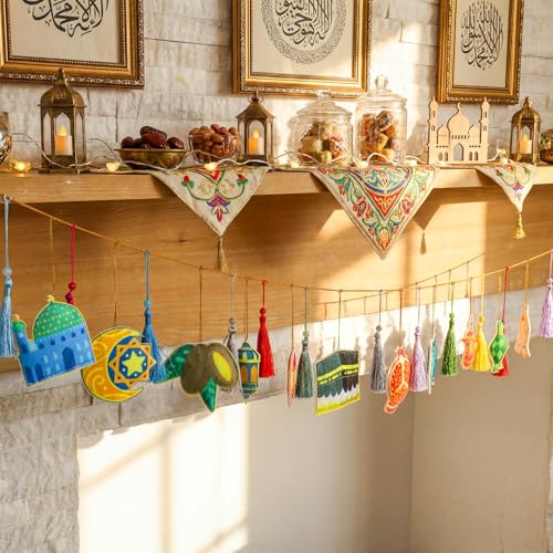 Batiyeer 32 Pcs Eid Mubarak Decorations 3D Felt Ramadan Banner Set with Lantern Moon Palace for Islam Muslim Celebration Lesser Bairam Party Hanging Decor