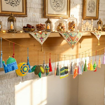 Batiyeer 32 Pcs Eid Mubarak Decorations 3D Felt Ramadan Banner Set with Lantern Moon Palace for Islam Muslim Celebration Lesser Bairam Party Hanging Decor
