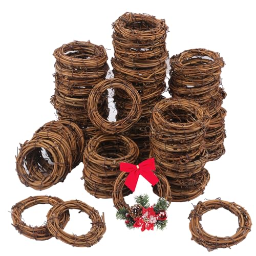 70 Pcs 2.4 Inch Natural Grapevine Wreath Set, Natural Rattan Wreath,Hand-Woven 2.4 Inch Vine Branch Wreaths, Perfect for DIY Crafts, Christmas Decorations, and Wedding Supplies - size: 70 Pcs 2.4 Inch
