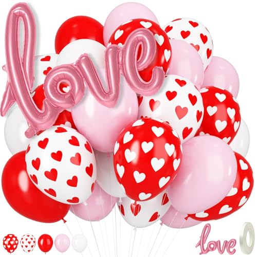 Red and Pink Balloons, Red White Heart Print Balloons with 42Inch Pink Foil Love Balloon for Mothers Day Women Girls Birthday Bachelorette Bridal Shower Anniversary Valentines Party Decorations - color: Pink Red White