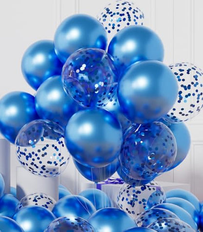 AULE Party Balloons Pack of 42 - Metallic Blue Balloons and Blue Confetti Balloons With 64ft Ribbons 12 Inch Chrome Latex Helium Balloon Decoration Set - color: Blue