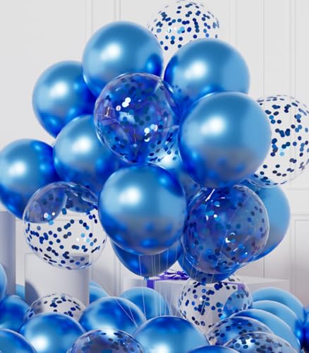AULE Party Balloons Pack of 42 - Metallic Blue Balloons and Blue Confetti Balloons With 64ft Ribbons 12 Inch Chrome Latex Helium Balloon Decoration Set - color: Blue