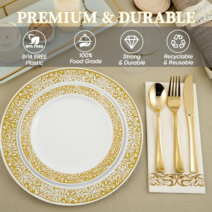 FOCUSLINE 175 Ct Gold Dinnerware Set for 25 Guests, Plastic Plates with Gold Lace Rim Design, Including 25 Disposable Dinner & Dessert Plates, Cups, Napkins, Cutlery Set - color: Gold Dinnerware Set