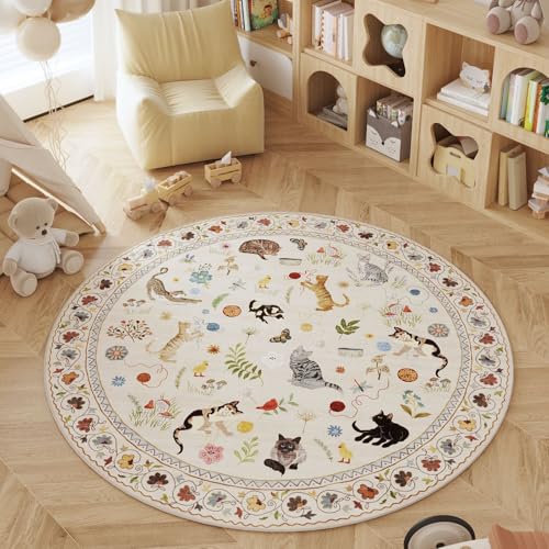 Rugcomf Round Area Rug 6ft Washable Non Slip Floral Animal Cat, Beige - color: Beige/Cat, size: 6' (Round)