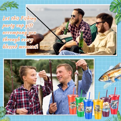 Chuangdi 12 Pcs Fishing Cups with Lid Straw 24oz Party Decorations, Fishing | Reusable Plastic Fishing Tumblers with Lid and Straw, Fishing Birthday Party Decorations, Fishing Gift for Fathers Men - style: Fishing