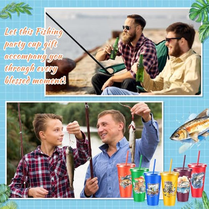 Chuangdi 12 Pcs Fishing Cups with Lid Straw 24oz Party Decorations, Fishing | Reusable Plastic Fishing Tumblers with Lid and Straw, Fishing Birthday Party Decorations, Fishing Gift for Fathers Men - style: Fishing