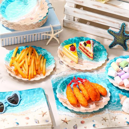 Funnymoom 96 Pcs Summer Beach Plates and Napkin Ocean Wave Party Supplies Disposable Cake Paper Plates Napkin Tableware Set for Hawaiian Luau Holiday Birthday Tropical Pool Party Decoration - style: Beach