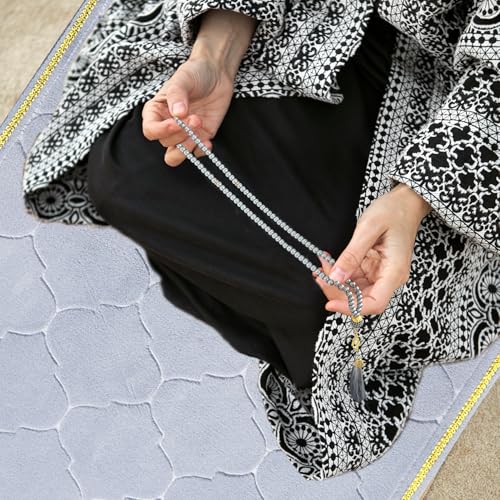 Muslim Prayer Rug with Tasbih Prayer Beads, Extra Thick Padded Non-Slip Islamic Prayer Matt,Turkish Praying Carpet Ottoman Blankets Ramadan Gift for Ramadan, Eid, Hajj, Travel, Pray (Grey) - color: Grey