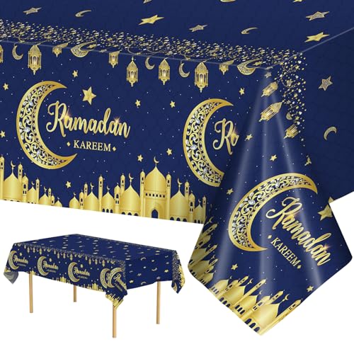 3 Pack Ramadan Table Cloth - Blue and Gold Ramadan Kareem Table Cover, Plastic Disposable Rectangle Eid Moon Star Tablecloth for Ramadans Mubarak Tables Decorations and Party Decor, 108 x 54 Inch - color: Ramadan