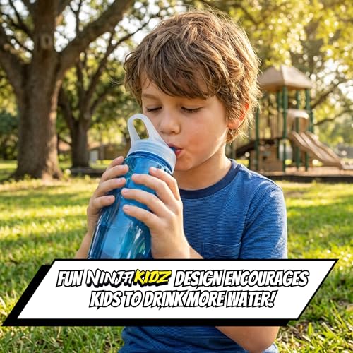 Ninja Kidz Official Kids Water Bottle with Straw, Reusable Water Bottle with Handle, Leak-Resistant, Insulated, Durable, Great for Sports, Official Merch, 0.5 liters, Blue - color: Blue
