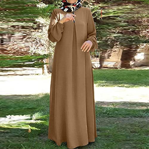 Maxi Dress for Women Long Sleeve Abayas Muslim Prayer Clothes Zipper Long Robe Kaftan Dresses Dubai Loose Dress - color: 2-brown, size: Large