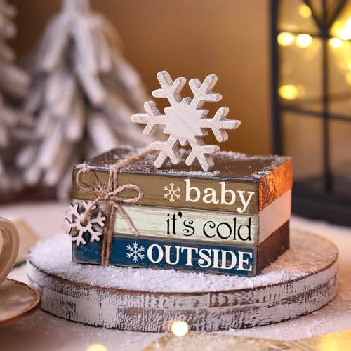 4 Pcs Winter Home Decor Winter Table Decorations Christmas Tiered Tray Decor Centerpiece Decorations Indoor Rustic Wooden Snowflake Block Sign Gift Farmhouse for Kitchen Shelf - style: Snow