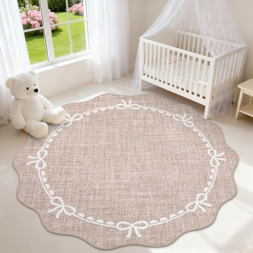 GarveeHome 5ft Round Rugs Washable Scalloped Bow Rug for Bedroom, Camel - color: Camel, size: 5' (Round)
