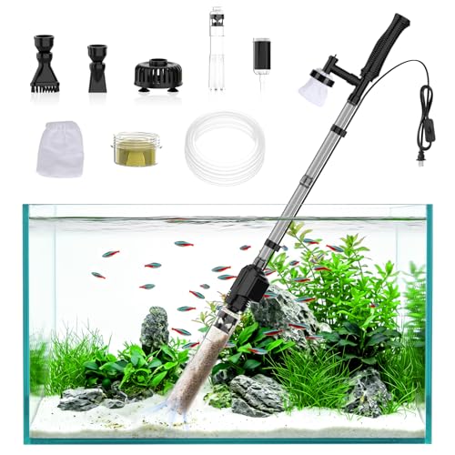 AQQA Electric Aquarium Gravel Cleaner, 6-in-1 Fish Tank Vacuum with Anti-Clog Gravel Barrier, Sand Washer, Water Changer, Filter Bag, Adjustable Flow & Water Circulation, 320GPH for 15+ Gallon Tanks