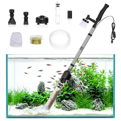 AQQA Electric Aquarium Gravel Cleaner, 6-in-1 Fish Tank Vacuum with Anti-Clog Gravel Barrier, Sand Washer, Water Changer, Filter Bag, Adjustable Flow & Water Circulation, 320GPH for 15+ Gallon Tanks