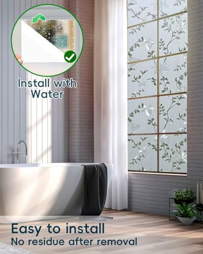 Frosted Glass Window Film with Elegant Flower Design, Bathroom Window Privacy Film for Glass Windows Cover, Static Cling, Removable, Reusable, Anti-UV, Anti-Glare, 17.5 Inch * 78.74 Inch - color: Pure, size: 17.5 Inch * 78.74 Inch