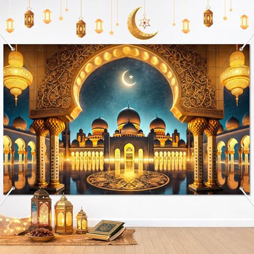 BlissYard Ramadan Mubarak Banner Backdrop 71x43 Inch Islamic Mosque Night Scene Photo Background for Ramadan Decorations Eid Mubarak Celebration Muslim Home Party Wall Hanging Indoor Outdoor Display - color: Ramadan Decorations#004