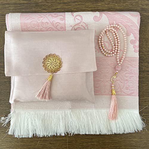 Muslim Prayer Rug, Bag&Yaseen Surah Pocket-Size Book, Bag&Prayer Beads Set I Perfect Islamic Gift I Prayer Rug Travel I Muslim for Men&Women I Soft Islamic Mat | Luxury Islamic Gifts (1 Set, Pink) - color: Pink, size: 1 Set