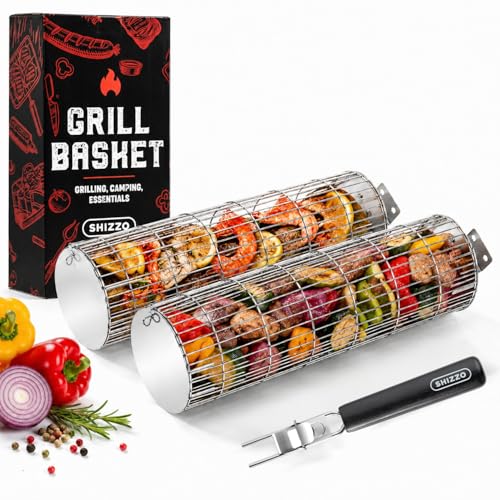SHIZZO Extra Sturdy Rolling Grill Basket, Removable Handle, Set of 2 | Grilling Rack, Stainless Steel, Outdoor Camping accessories BBQ Net, Griller for Fish, Vegetables, Gifts for Men Dad Husband
