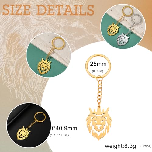Dreamtimes Lion With King Crown Keychain for Men Stainless Steel Lion Punk Rock Keychain Bag Car Key Pendant Keychain - color: Gold-1