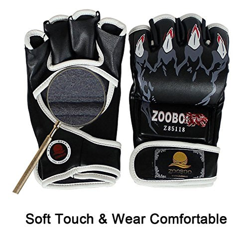 ZooBoo MMA Gloves, Half-Finger Boxing Fight Gloves MMA Mitts with Adjustable Wrist Band UFC Gloves for Sanda Sparring Punching Bag Training (One Size Fits Most) - color: HS-Black