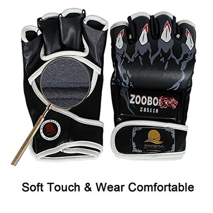 ZooBoo MMA Gloves, Half-Finger Boxing Fight Gloves MMA Mitts with Adjustable Wrist Band UFC Gloves for Sanda Sparring Punching Bag Training (One Size Fits Most) - color: HS-Black