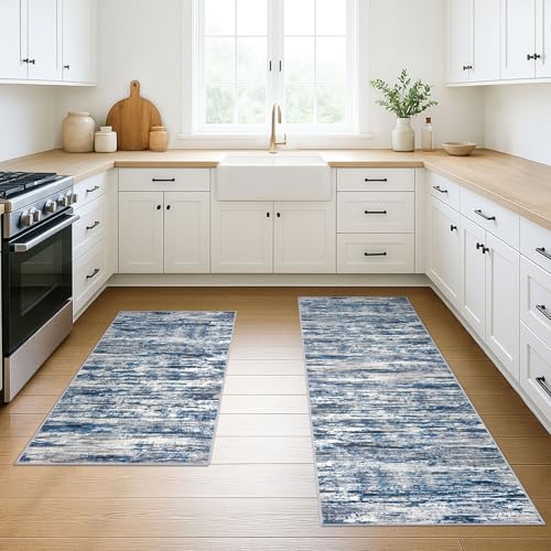 SIILOOM Set of 2, 2x3&2x6 Small Washable Area Rug Entryway Kitchen Runner - color: Navy Blue/Gray/Neutral/Multi, size: 2' x 6' (Set)
