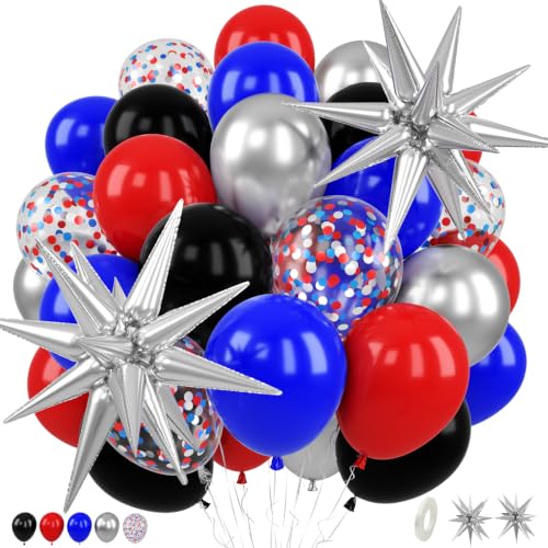 Red Blue Black Balloons, Silver Star Foil Balloons for Spider Party Decor - color: Red and Black, size: 30PC