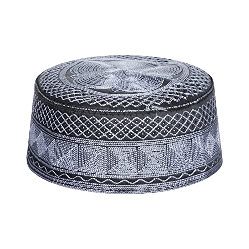 SIQITECHNO Men Muslim Prayer Kufi Hat Embroidered Kofia Topi Islam Kufi Hat Arab Hajj Mosque Prayer Headwear Ramadan Eid - color: Dark Grey