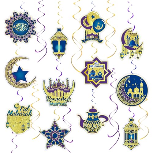 48Pcs Ramadan Eid Hanging Swirl Decorations, Double Sided Islamic Themed Cutouts Party Streamers for Eid Al-Fitr Eid Al-Adha Muslim Party Supplies - color: Blue Gold