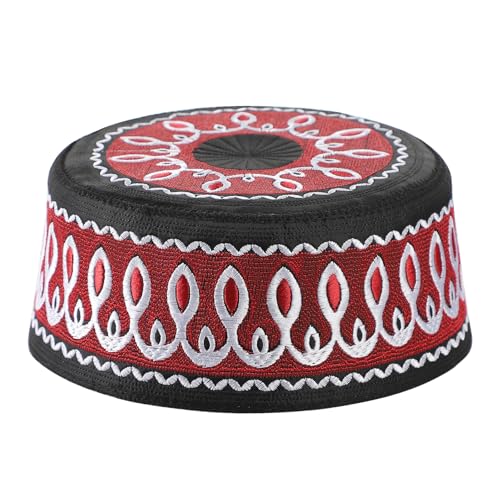 Muslim Prayer Kufi Hat Men Islam Skull Embroidery Cap Beanie Hat Arabian Omani Turkish Prayer Headwear Eid Gift - color: Wine Red