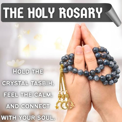 Amazing Gemstone Crystal Tasbeeh with Moon and Star Charm - Certified Crystal Muslim Prayer Beads Natural Gemstone Tasbih Gift for Ramadan Dhikr and Daily Namaz (G) - color: Larvikite