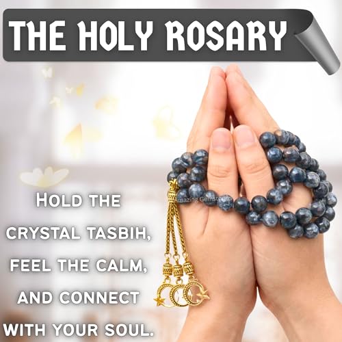 Amazing Gemstone Crystal Tasbeeh with Moon and Star Charm - Certified Crystal Muslim Prayer Beads Natural Gemstone Tasbih Gift for Ramadan Dhikr and Daily Namaz (G) - color: Larvikite