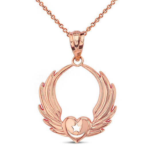 Winged Heart with Star & Crescent Islam Sufi Order Pendant Necklace Fine With Rolo Chain Real Solid 14Kt Gold - color: 14K Rose Gold