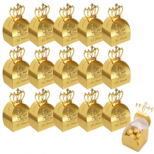 VALICLUD 25pcs Eid Mubarak Favor Boxes, Gold Crown Cutout, Foldable Paper