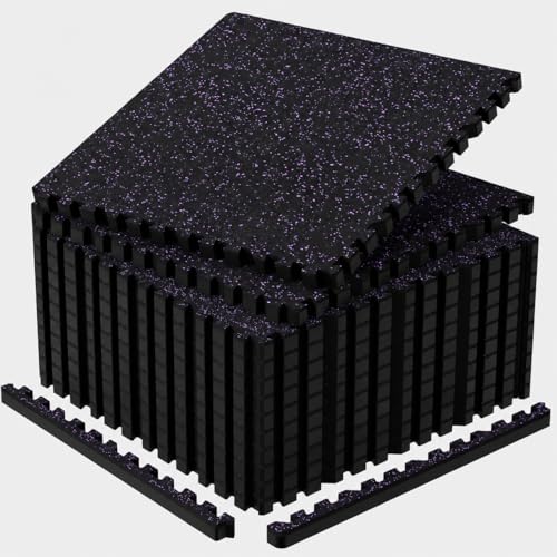 1'' Thick 96 Sq Ft Protective Gym Flooring for Home Gym, 24 Tiles Extra-Thick Rubber Top with High Density EVA Foam, Interlocking Exercise Equipment Mats, Heavy Weight Workout, Black & Purple - color: Black/Purple, size: 96 Sq Ft (24 Tiles)