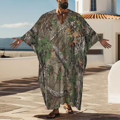 Camouflage Trees Men's Kaftan Thobe V-Neck Long Gown Loose Robe - size: XX-Large