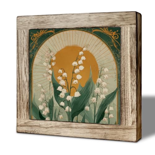 Boho Sun Botanical Wooden Box Sign, Vintage Lily of the Valley Flower Decor with Retro Sunburst for Desk Shelf Table, Rustic Floral Wood Plaque for Home Bedroom Office - color: color37