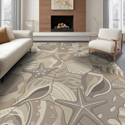 8'x10' Washable Beachy Seashell Area Rug, Sand Foldable Oversized Carpet Non-Slip Flatwoven Floor Covering for Living Room, Under Sectional, Family Room | Ref:1903053 - color: Beige/Pattern 15, size: 8' x 10' (Rectangular)